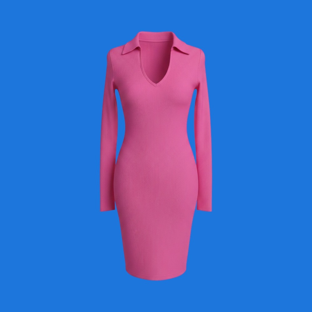 STEVE MADDEN Ribbed Polo Midi Dress S Pink Long Sleeve V-Neck